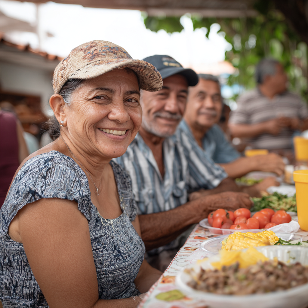 Familia colombiana sonriente disfrutando de una comida saludable en casa