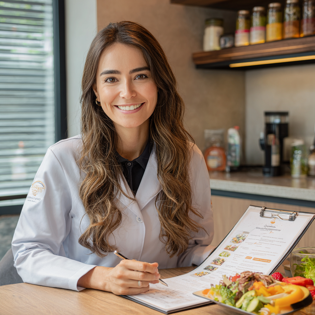Profesional colombiano sonriente preparando ingredientes frescos en la cocina